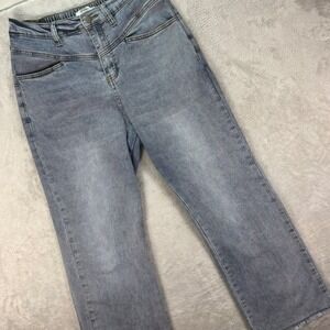 Polagram Women's Light Wash Wide‎ Leg Jeans Frayed Hem Pull-On Sz L High Waisted